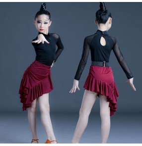 Black and wine latin ballroom dancing dresses for girls kids salsa rumba cha cha performance outfits for girls 