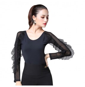 Black ballroom dance tops for female women latin salsa chacha rumba dance blouses long ruffles sleeves