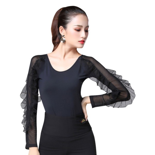 Black Ballroom Dance Tops For Female Women Latin Salsa Chacha Rumba Dance Blouses Long Ruffles 