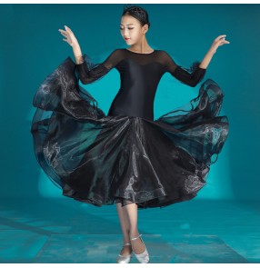 Black ballroom dancing dresses for girls kids waltz tango long sleeves ballroom dance outfits latin performance long dress for children