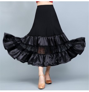 Black ballroom dancing skirts for women female lace patchwork satin ribbon ruffles swing skirts tango waltz dance skirts for female
