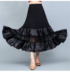 Black ballroom dancing skirts for women female lace patchwork satin ribbon ruffles swing skirts tango waltz dance skirts for female