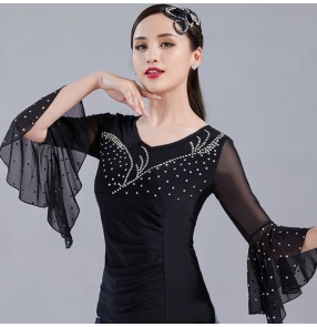 Black ballroom latin competition dance tops for women dance tops with diamond flare sleeves modern National standard waltz tango salsa chacha jitba dance blouses