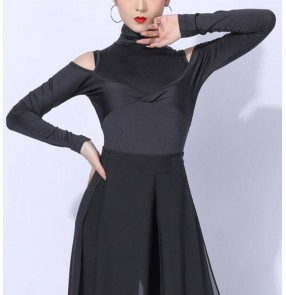 Black ballroom latin dance stretch bodysuits tops for women girls hollow shoulder turtle neck sexy salsa cha cha rumba salsa flamenco dance jumpsuits leotards