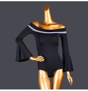 Black boat neck off shoulder ballroom latin dance bodysuits for women girls trumpet sleeve adult modern dance body top waltz tango practice leotards catsuits for female