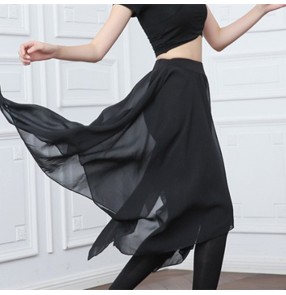 Black chiffon irregular latin dance long skirts for women girls sala rumba cha cha ballroom latin practice hip scarf 