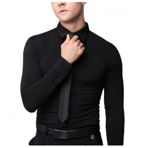 Black color ballroom latin dance shirts for men youth stretch waltz tango flamenco dance shirt standard professional Latin practice Long sleeve tops 