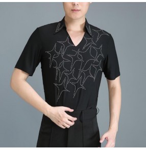 black colored rhinestones Men's latin ballroom dance shirts top