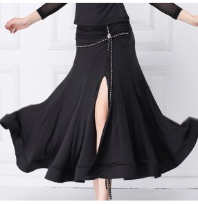 Black colored side split diamond women's ballroom dance skirts stage performance profesional waltz tango dance skirts