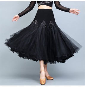 Black competition ballroom dance skirts for women female stage performance diamond bling waltz tango ballroom dancing skirts