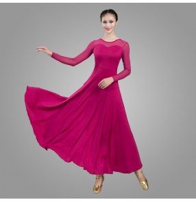 Black dark fuchsia purple ballroom dancing dresses for women girls mesh long sleeves waltz tango foxtrot smooth dance long dress for female