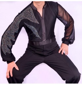 Black diamond latin shirts for male competition stage performance professional men's ballroom tango waltz dancing leotard tops shirt