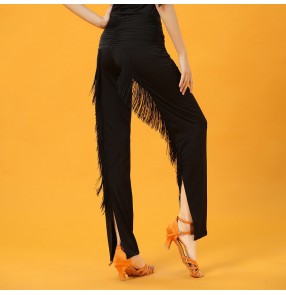 Black fringe latin dance pants for women back split tassels flowy salsa rumba cha cha jive stage performance long trousers for lady