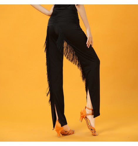 Black fringe latin dance pants for women back split tassels flowy