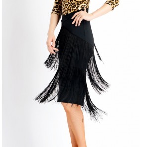 Black Fringe Latin Dance Skirts for women Girls stage performance back split layer long tassels rumba salsa chacha dance skirt for female latin dance costumes