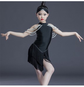 Black fringe pearl beads fringe latin dance dress for girls kids ballroom latin performance costumes salsa rumba dance outfits for children girls