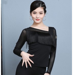 Black fringed latin ballroom dance tops for women inclinded neck long sleeves tassels stage performance practice dance blouses tops 