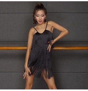 Black fringed sling Latin dress for women female adult sexy sling fringed skirt rumba chacha salsa dance practice clothes with chest pad