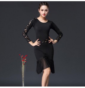 Black fringes women's latin dance dresses stage performance rumba salsa chacha samba dance skirts dress