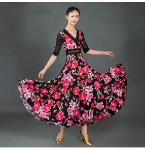 Black fuchsia red floral ballroom dancing dresses for women girls dark green short sleeves lace waltz tango foxtrot smooth dance long gown for female