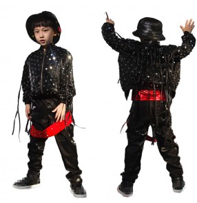 Black hiphop street dance outfits costumes  handmade glitter modern dance gogo dancers drummer video model performance jacket and pants