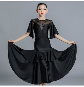 Black lace ballroom dancing dance dresses for girls kids children waltz tango ballroom performance outfits for female