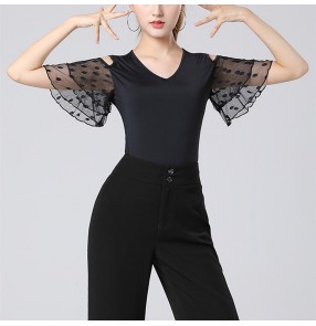 Black lace ballroom latin dance tops for women girls ruffles short sleeves salsa rumba cha cha ballroom dancing blouses shirts for female