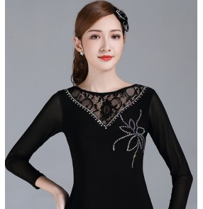 Black lace latin ballroom practice dance tops for women stage performance dance blouses 