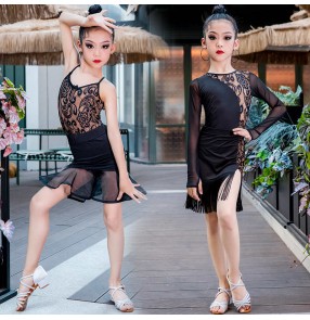 Black lace Latin dance dresses for kids children girls lace suspenders split skirt children Latin ballroom salsa dance outfits performance practice dance skirt