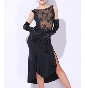 Black lace Latin dance dresses for women adult sleeveless backelss latin dance performance dresses rumba salsa chacha dance competition latin long dresses