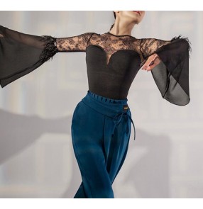 Black lace Modern Ballroom latin dance bodysuits for women girls lace feather stitching feather trumpet sleeve national tango waltz standard practice jumpsuit leotard tops
