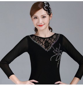 Black lace rhinestones women's competitiom ballroom dancing tops latin dance tops 