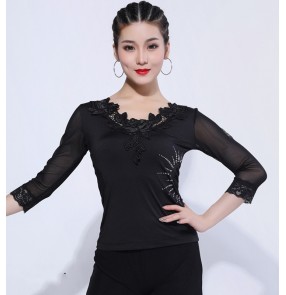 Black lace rose flowers ballroom latin dance tops for women female stage performance rumba chasha foxtrot dance blouses for lady