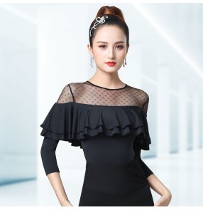 Black lace see through ruffles neck latin dance tops for women female ballroom salsa rumba chacha dance blouses for lady
