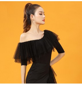 Black lace slant neck ballroom latin dance tops modern dance short sleeves ruffles ballroom tango salsa chacha dance blouses shirts for female