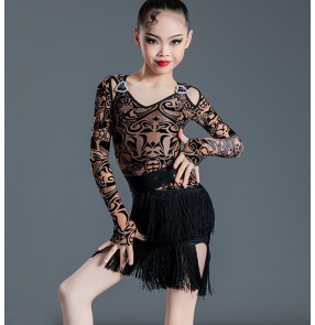 Black lace tassels competition latin dance dresses for girls kids rumba salsa chacha performance costumes for Children