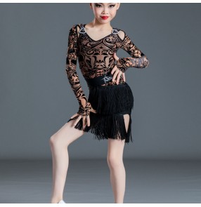 Black lace tassels latin dance dresses for girls kids children ballroom dancing costumes salsa latin dance dress for girls