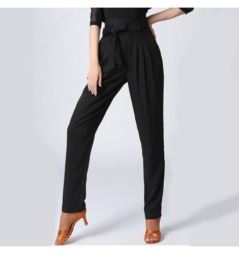 Black latin ballroom dance pants for women High Waist with bowknot