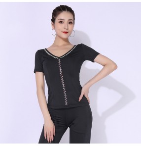 Black Latin ballroom dance top for women two way wearing short-sleeved rhinestones dance costume professional ballroom dance performance tops