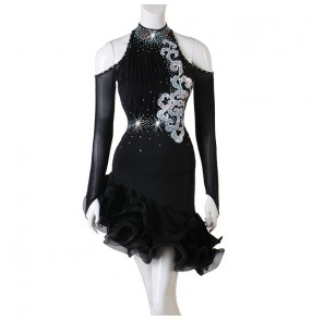 Black latin dance dresses for women female rhinestones competition latin salsa rumba chacha dance dresses