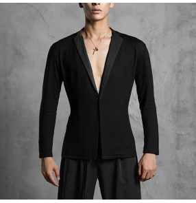 Black latin dance shirt for men male competition stage performance ballroom waltz tango dance blazers tops rumba chacha dance lapel tops