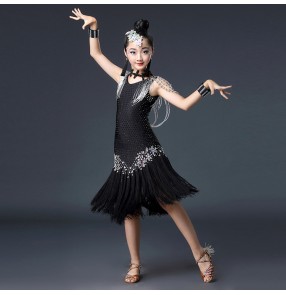 Black latin dresses for girls children rhinestones competition samba chacha rumba salsa dancing dress skirt