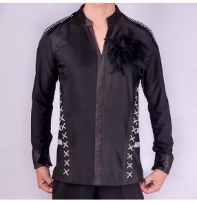 Black latin shirts for men male long sleeves competition stage performance ballroom tango waltz chacha dancing tops 