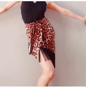 Black leopard fringe latin dance skirts for women girls irregular salsa rumba cha cha dancing skirts for female
