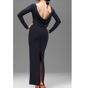 Black Long sleeves backless latin dress for women girls Back Drape backless Hip back Slit Long Sleeve Latin salsa chacha performance long dress for woman