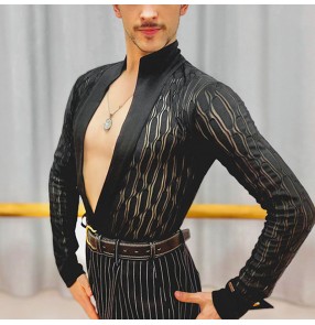 Black mesh ballroom latin dance shirts for men youth male deep v neck see through salsa cha cha rumba performance leotard shirts for man