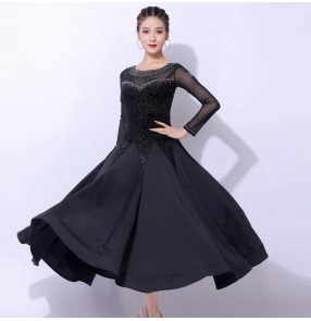 Black mesh with velvet rhinestones competition ballroom dance dress for women stage performance skirts waltz tango foxtort dance dress gown for lady 
