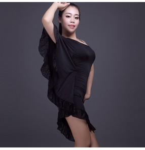 Black one inclined shoulder slash neck lace patchwork hem bat wing loose one  sleeves fashion women's ladies salsa cha cha dance dresses outfits costumes