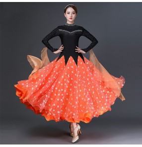 Black orange flowers competition ballroom dance dress for women stage performance waltz tango dance diamond dress ballroom dance skirts for female