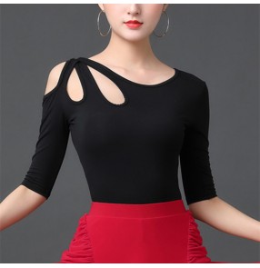 Black purple Latin ballroom dancing tops for women girls national standard social dance practice hollow shoulder bouses shirt for Female Adult rhythm dance tops